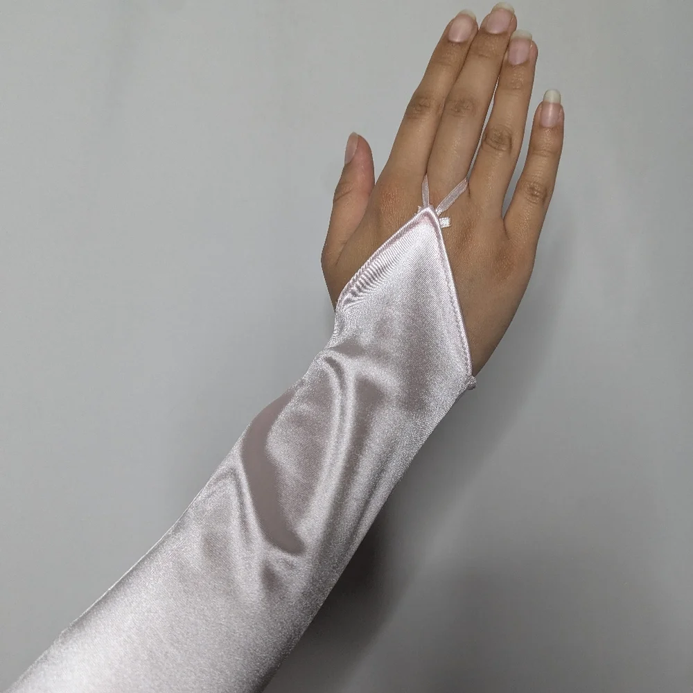 New Womens Pale Light Pink Satin Fingerless Hoco Prom Formal Gloves One Size